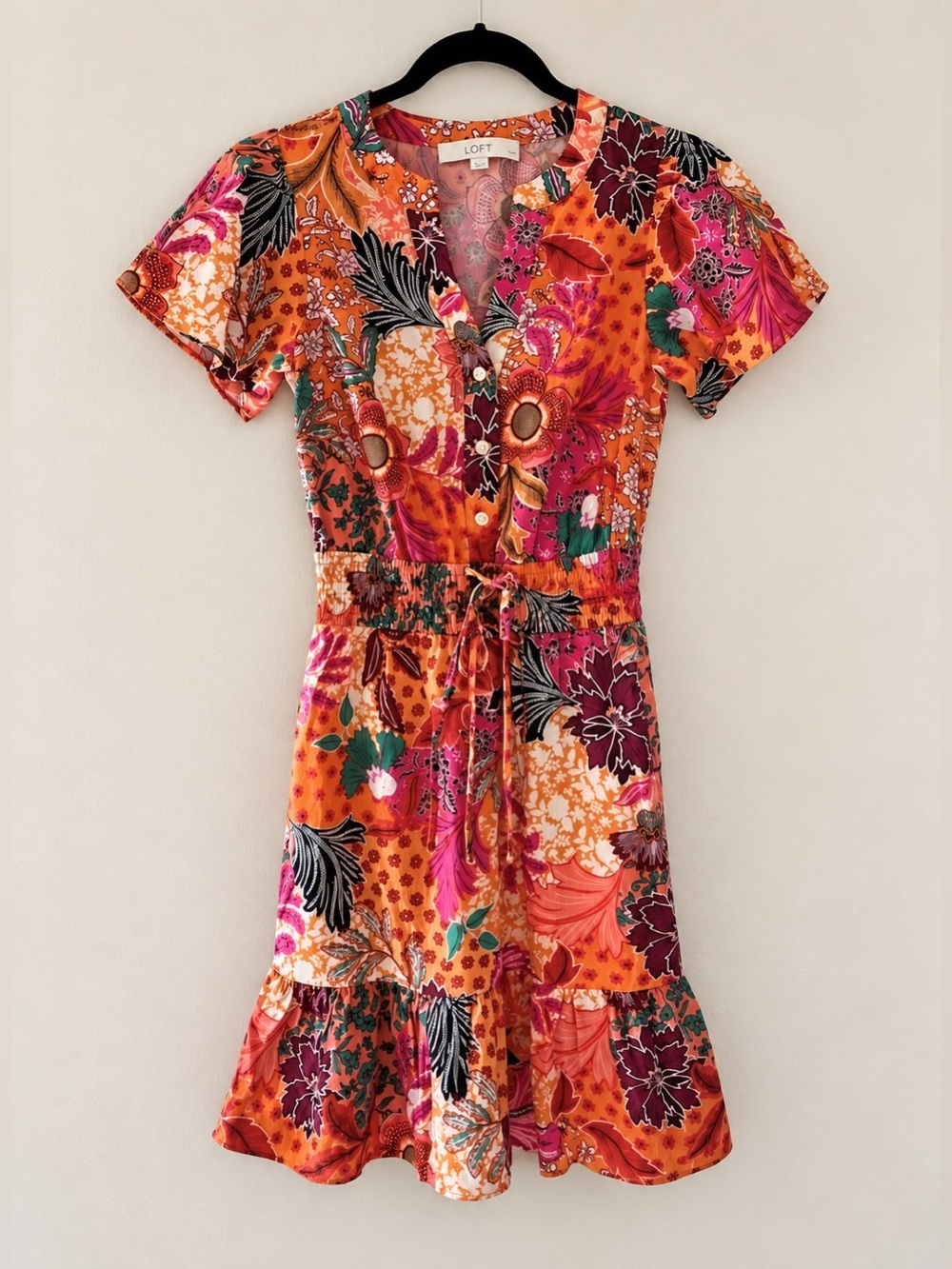 LOFT Red Orange Petite Patchwork Bloom Smocked Tie Waist EUC XXSP #1290